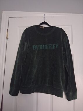 Vintage Burberry Forest Green Velvet Crewneck Sweatshirt with Tonal Logo